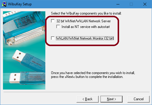 Image of the recommended WibuKey Setup options.